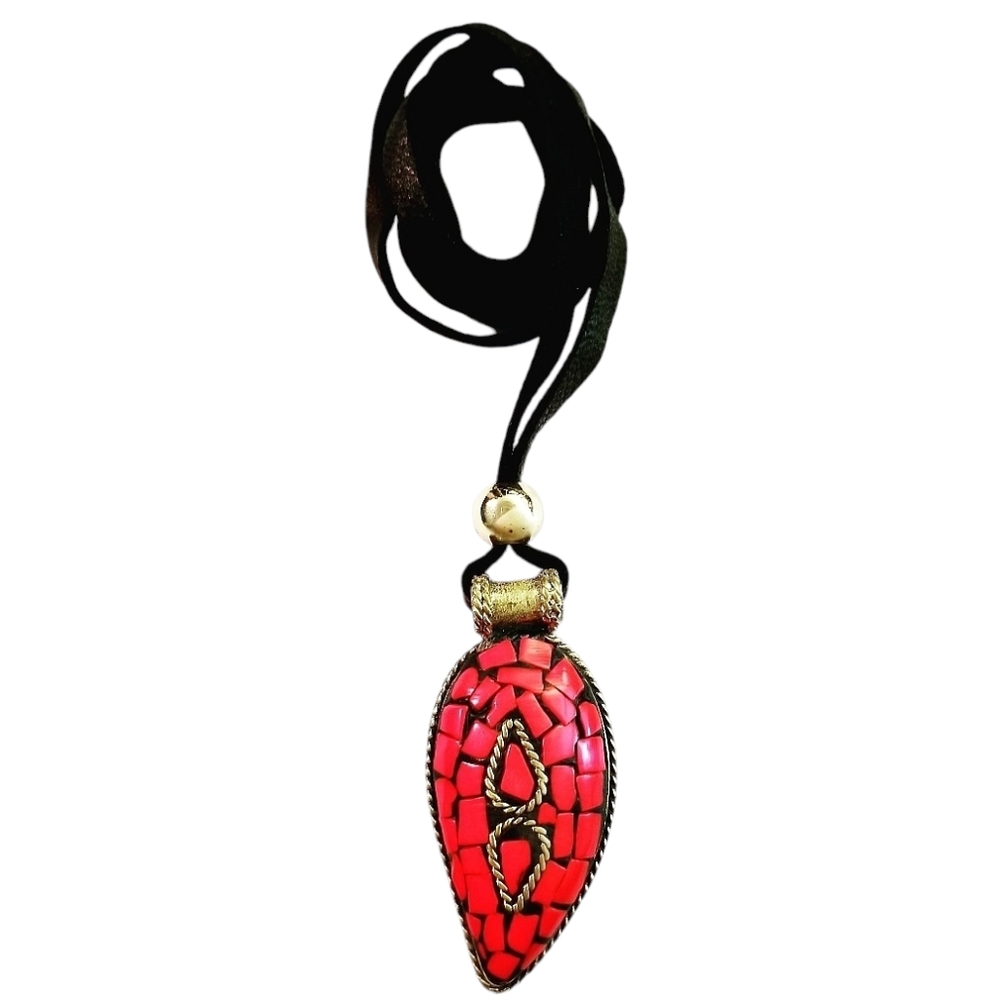Tibetan Red Coral and Brass Pendant Necklace